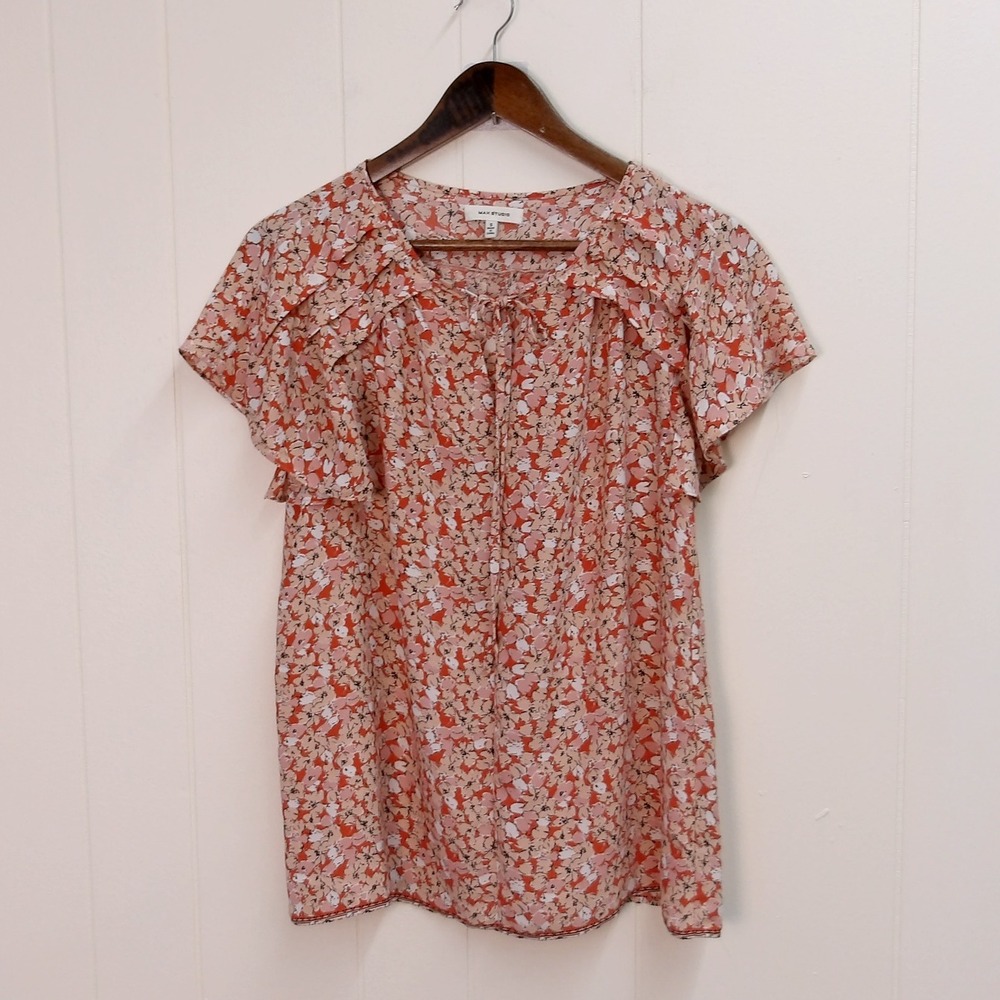 Max Studio Floral Print Blouse Top Womens Small Coral Peach‎ Office Wear / #8098